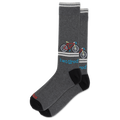 A pair of dark heather gray crew socks with black heels and toes, featuring a colorful bicycle graphic and the text 'two tired' in blue, on a plain white background.