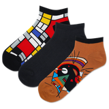 Three pairs of socks with abstract designs on a white background