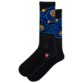 Black socks with blue and orange pattern on a white background