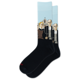 A pair of crew socks on a plain white background. The socks are black with Grant Woods' "American Gothic" on a light blue background, and a small red 'HOTSOX' logo near the toe. thumbnail