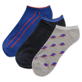 Three pairs of men's socks with a lightning bolt pattern, featuring different colors primarily in blue and gray.