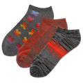 Three pairs of socks with different patterns on a white background