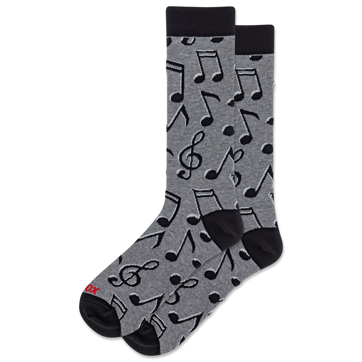 A pair of crew socks with a gray heather body patterned with black musical notes and clefs, featuring solid black heels, toes, and cuffs. A small red logo is visible on the toe.