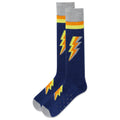 Pair of socks with lightning bolt design on a white background