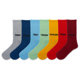 HOTSOX unisex seven pair crew sock pack with solid color socks in gray, navy, light blue, mint green, yellow, red-orange and red, featuring the day of the week knit into the cuff. thumbnail