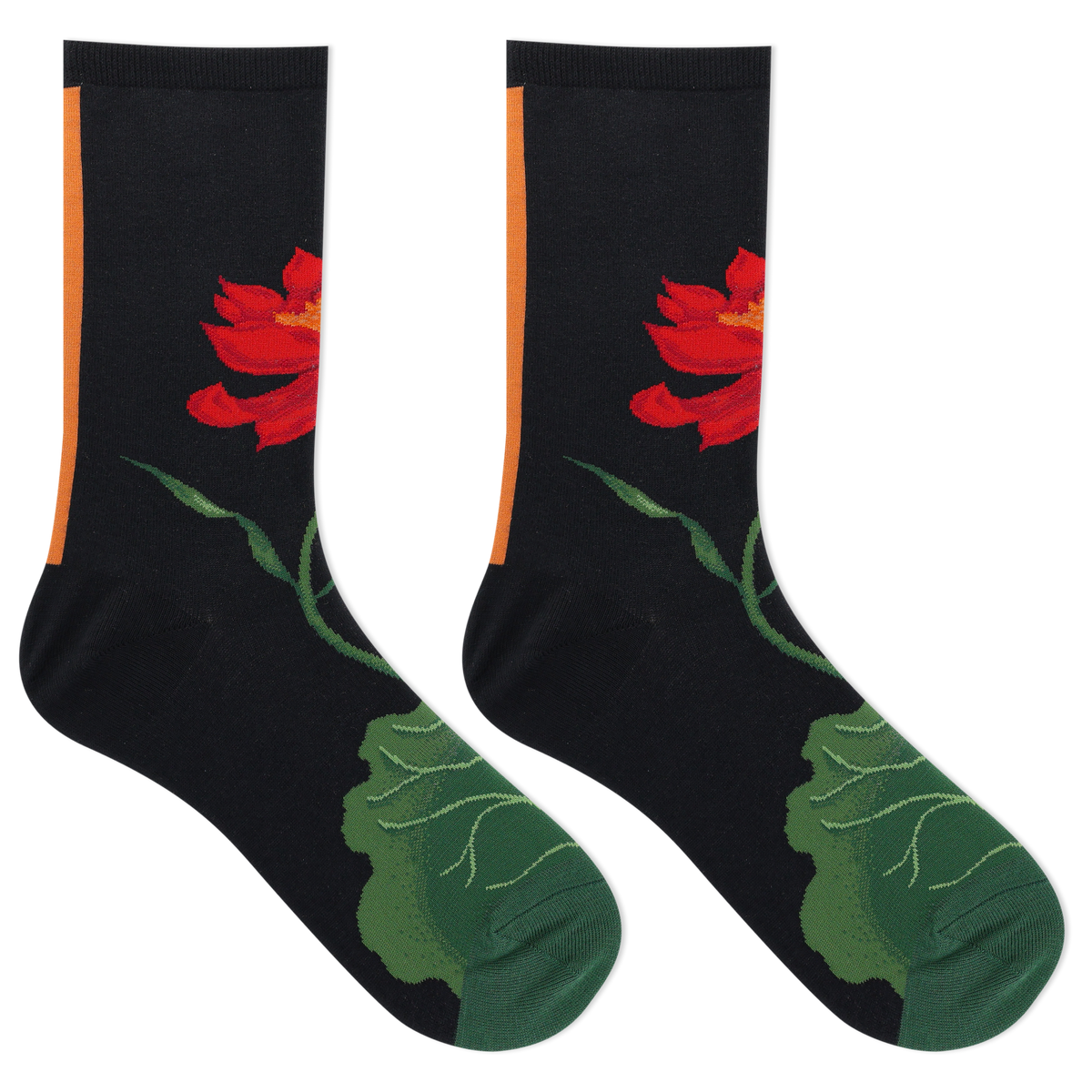 A pair of black crew socks featuring a red lotus flower and green leaf design, with a vertical orange stripe near the cuff, shown on a plain white background.
