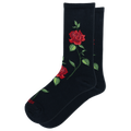 A pair of black crew socks featuring a red rose and green stem pattern, with the brand name 'HOTSOX' printed in red near the toe.