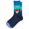 A pair of navy blue crew socks with a colorful graphic of a mountain landscape and the text 'I'd Hike That' on the upper leg, shown on a plain white background.