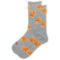 A pair of heather gray crew socks with a repeating pattern of cute orange cartoon goldfish, shown on a plain white background.