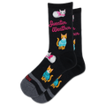 A pair of black crew socks with a cozy pattern of orange and white kittens wearing blue and pink sweaters, alongside the pink text 'Sweater Weather'. The toes and heels are gray, and the word 'SOX' is printed on the toe.