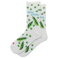 A pair of white crew socks with a green pea pattern, featuring the text 'easy peasy' in light blue and a small red 'HOTSOX' logo near the toe.