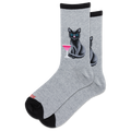 A pair of heather gray crew socks with black cuffs and heels, featuring a graphic of a black cat with blue eyes holding a pink cocktail on the front sock.