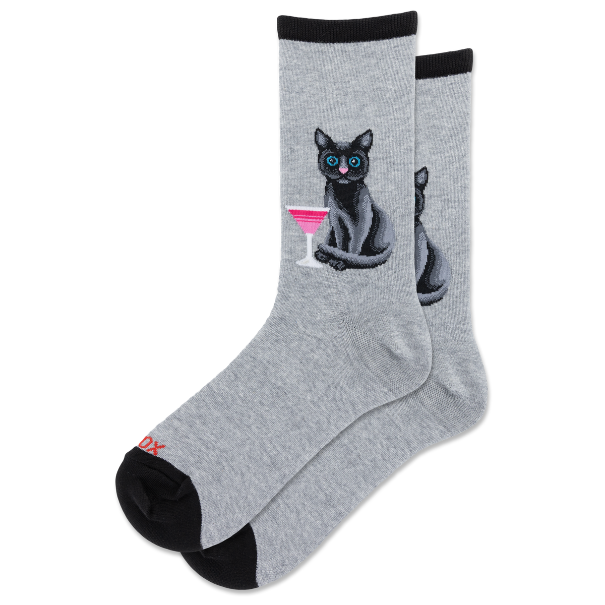 A pair of heather gray crew socks with black cuffs and heels, featuring a graphic of a black cat with blue eyes holding a pink cocktail on the front sock.