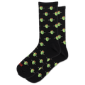 A pair of black crew socks with a repeating pattern of green cactus sponges with red tops, displayed on a clean white background.
