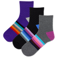 Three pairs of women's ankle socks with striped patterns and dots, displayed in a stacked arrangement.