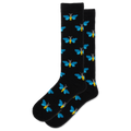 Black socks with blue butterfly patterns on a white background