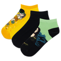 Three pair pack of HOTSOX low cut socks featuring Kandinsky's "The Kiss" and Leonardo da Vinci's "Mona Lisa"