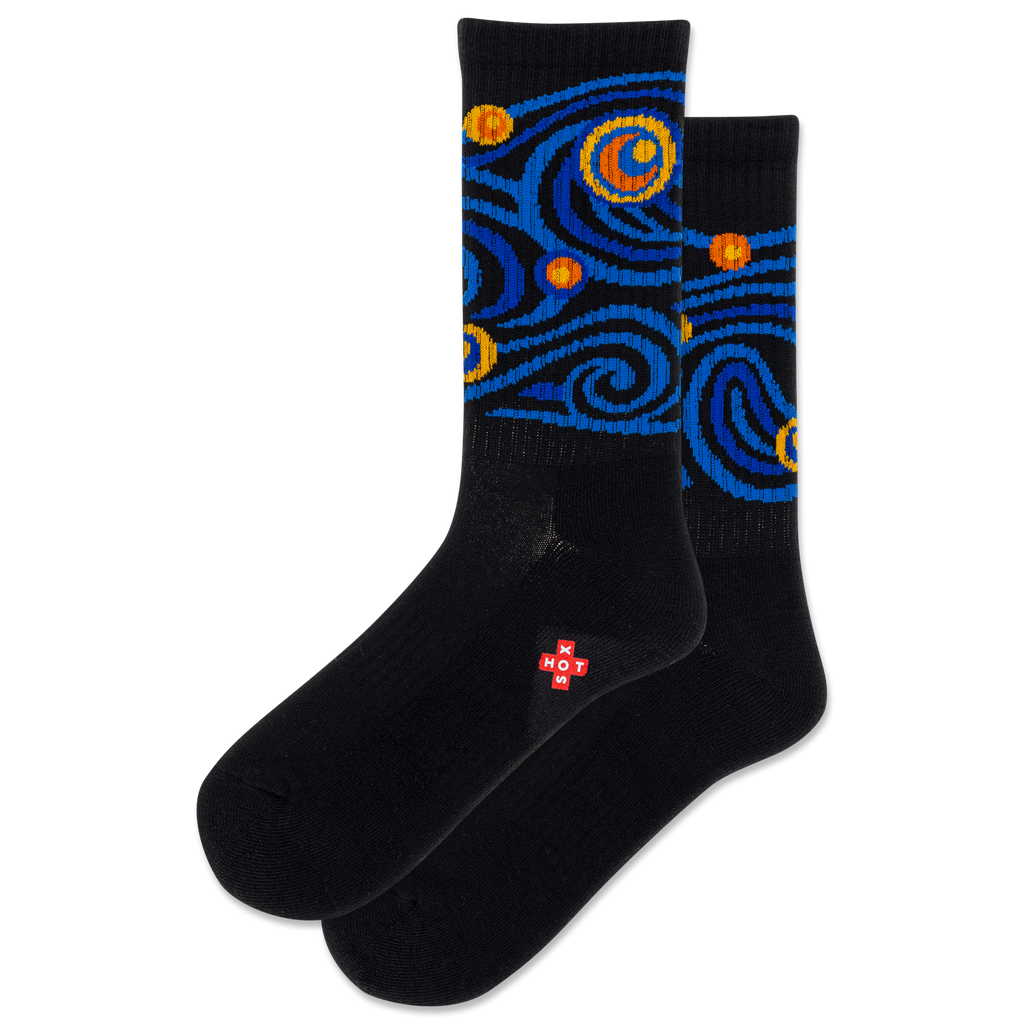 Black socks with a modernized rendition of Van Gog's Starry Night on a white background