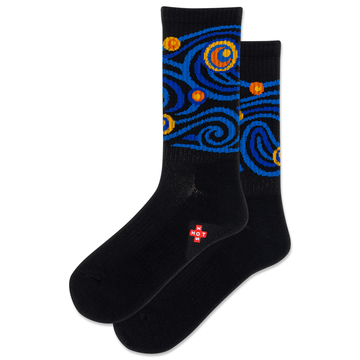 Black socks with a modernized rendition of Van Gog's Starry Night on a white background