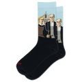 A pair of black crew socks with a light blue upper cuff featuring a graphic print of Grant Woods' "American Gothic" painting. The word 'HOTSOX' is printed in red on the toe area of the front sock.
