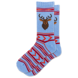A pair of light blue knit socks featuring a brown deer head graphic on the front and red and orange geometric stripe patterns, shown against a plain white background.