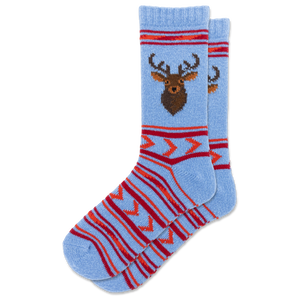 A pair of light blue knit socks featuring a brown deer head graphic on the front and red and orange geometric stripe patterns, shown against a plain white background.