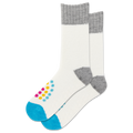 White sock with gray cuffs and toes, blue soles, and colorful polka dots on a white background