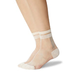 A pair of sheer nude ankle socks with double horizontal bands near the top, shown worn on a model's feet against a white background.