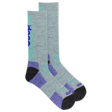 Pair of gray and purple Jeep socks with brand logo on a white background