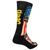 Black sock with colorful design and 'Jeep' branding on a white background