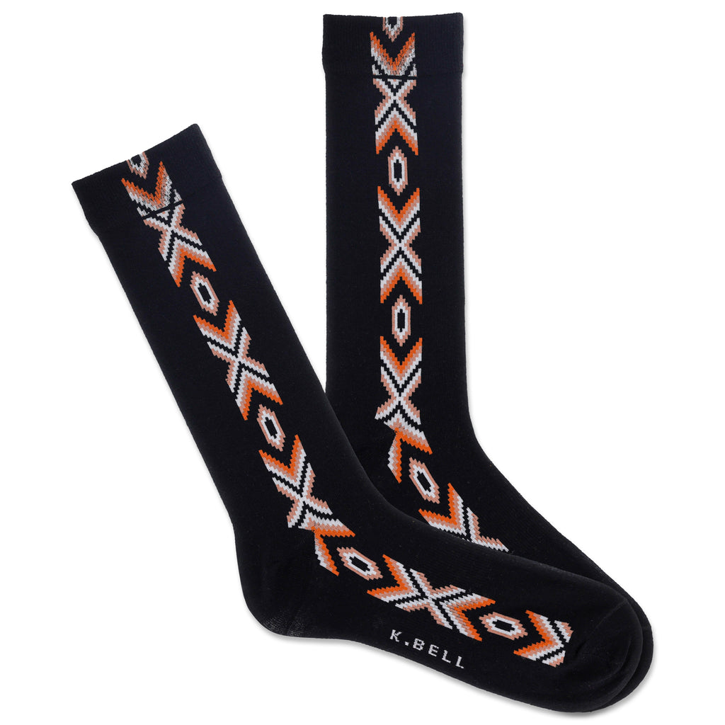 Black socks with a geometric southwest pattern along the toes and heel