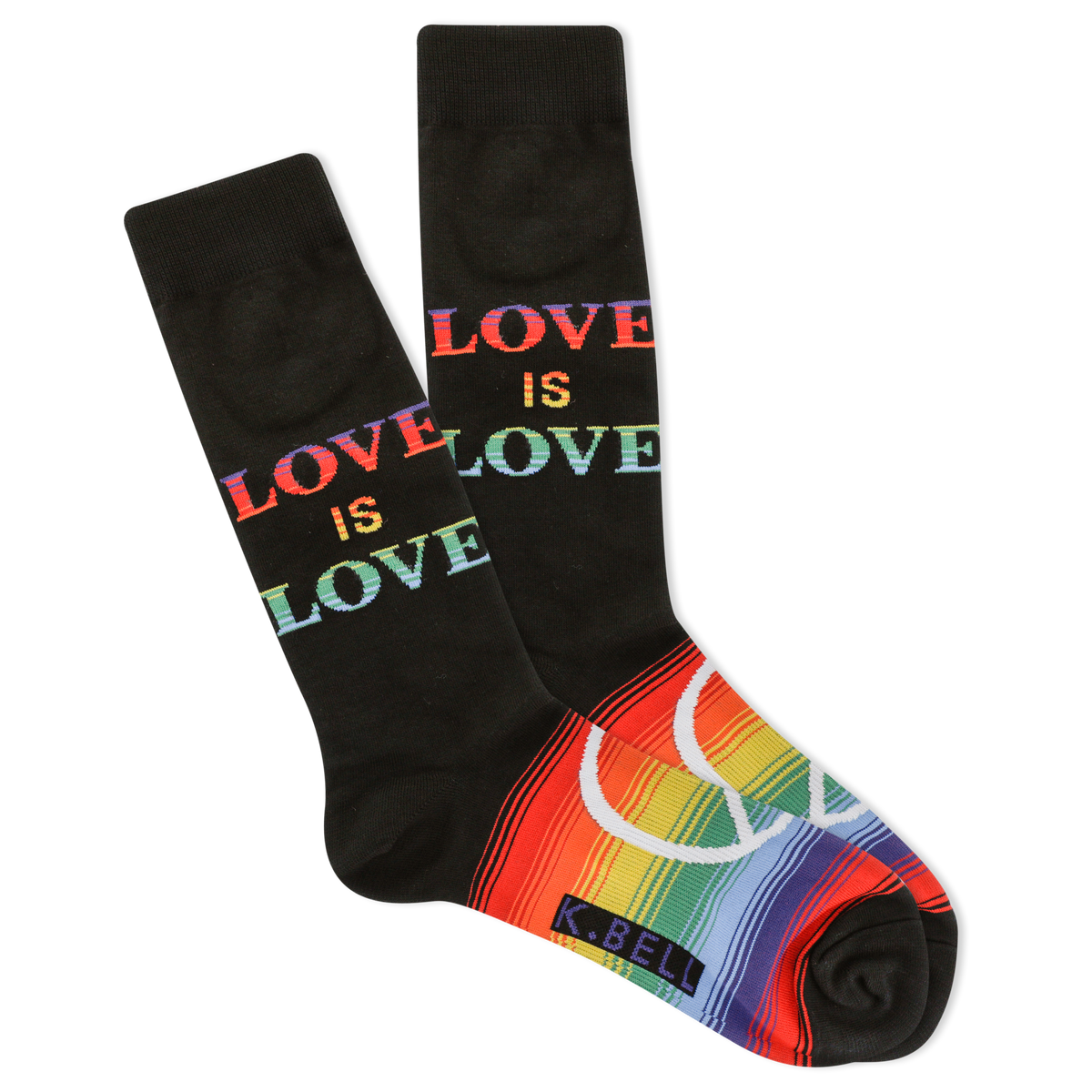 A pair of men's crew socks with the phrase 'love is love' printed in colorful letters on a black background, and a rainbow stripe design at the cuff.