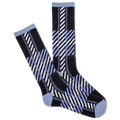 Pair of black, blue, and white patterned socks on a white background