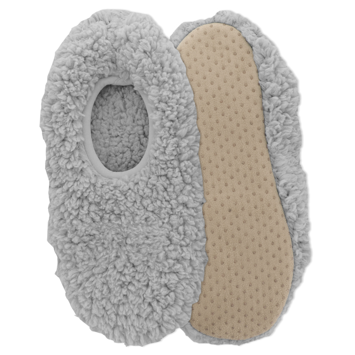 Gray fleece-lined shoe inserts with beige sole on a white background