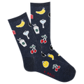 A pair of navy blue crew socks with various colorful patterns including a banana, cherries, a mug with whipped cream, a lemon, and other novelty items.