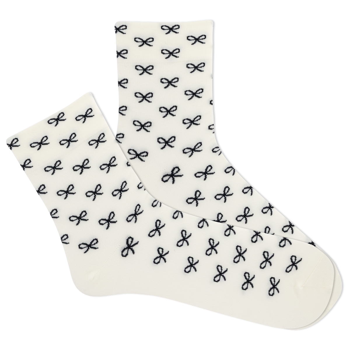White women's socks with black bow pattern on a white background