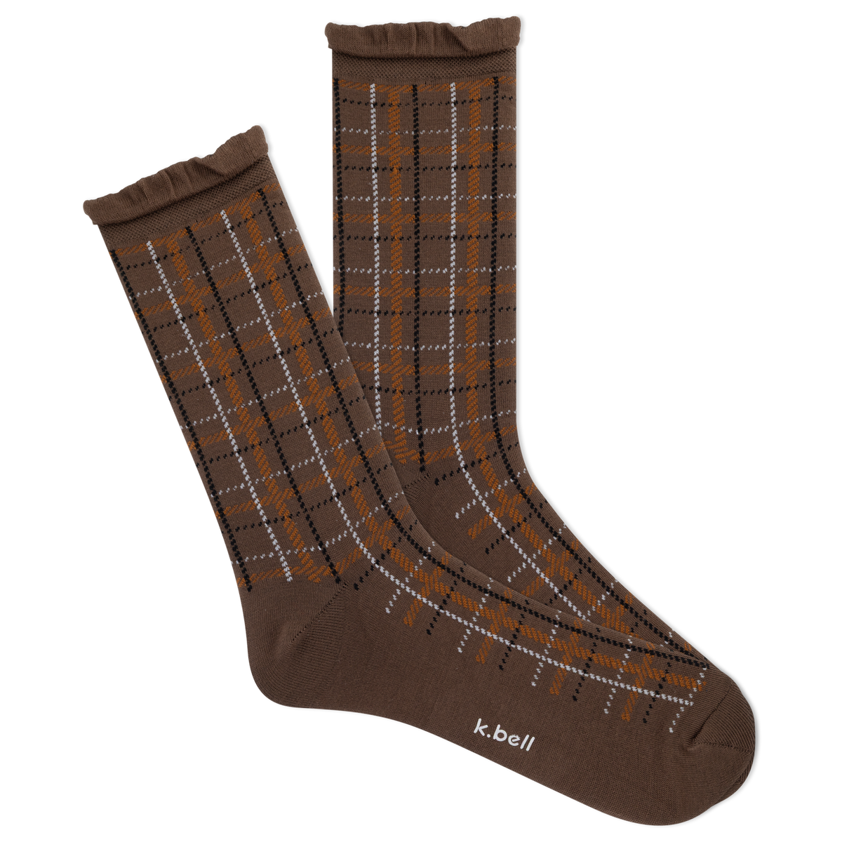 Pair of brown women's plaid socks on a white background