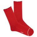 Red ribbed socks with white trim on a white background