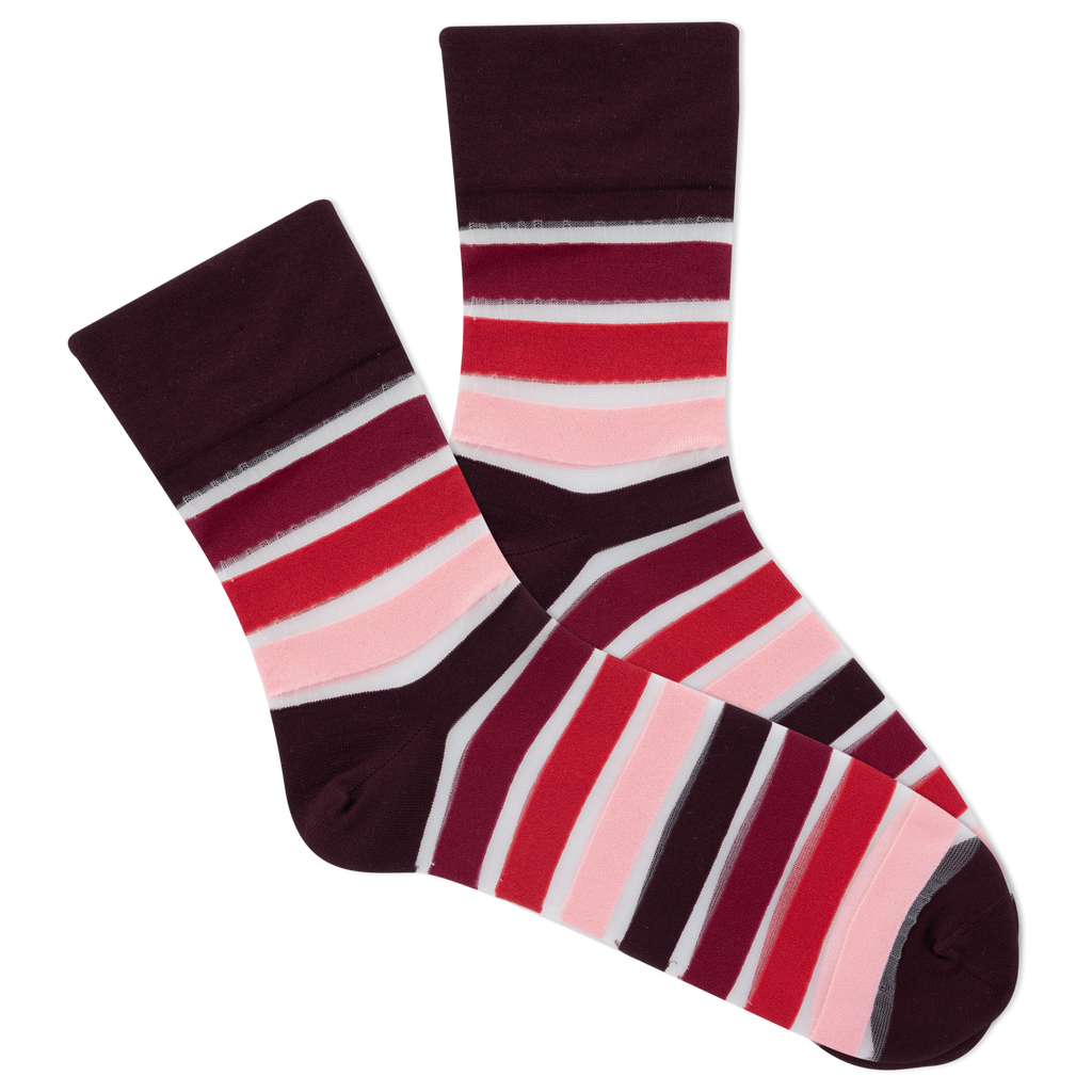 Pair of striped women's socks with red, pink, and brown colors on a white background