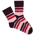 Pair of striped women's socks with red, pink, and brown colors on a white background