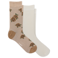 Two pairs of crew socks on a plain white background: one pair is beige with a brown rose pattern and tan heel/toe areas, and the other pair is solid off-white. The brand name 'k-ball' is visible on the patterned sock.