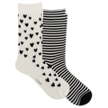 Two pairs of crew socks on a plain white background: one pair is white with small black heart patterns, and the other pair has black and white horizontal stripes. The brand name 'k bell' is printed on the toe area of the heart-patterned sock.