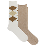 Two pairs of crew socks arranged overlapping on a white background. The front pair is white with an argyle diamond pattern in brown, tan, and light blue. thumbnail