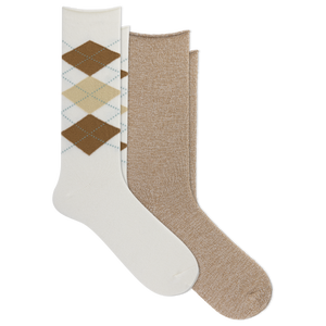 Two pairs of crew socks arranged overlapping on a white background. The front pair is white with an argyle diamond pattern in brown, tan, and light blue.