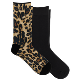 Two crew socks shown on a white background: one with a tan, brown, and black leopard print and one solid black. thumbnail