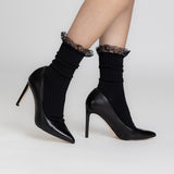 Black pointed-toe high-heeled ankle boots worn with black ribbed socks featuring lace ruffles at the top, shown on a model's legs against a light gray studio background. thumbnail