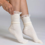 A person wearing cream-colored ribbed ankle socks with white lace trim at the top, shown against a light gray studio background. thumbnail