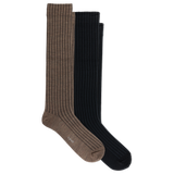 Two ribbed knee-high socks, one in brown and one in black, displayed overlapping on a plain white background. thumbnail