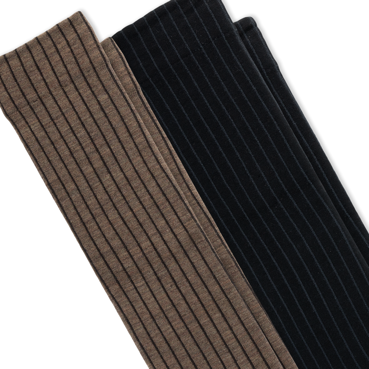 Two ribbed knit socks oshown diagonally on a white background, one in taupe-brown and one in black.