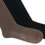 Two ribbed crew socks, one taupe-brown and one black, with horizontal stripe detailing on the sides, shown overlapping on a white background. thumbnail